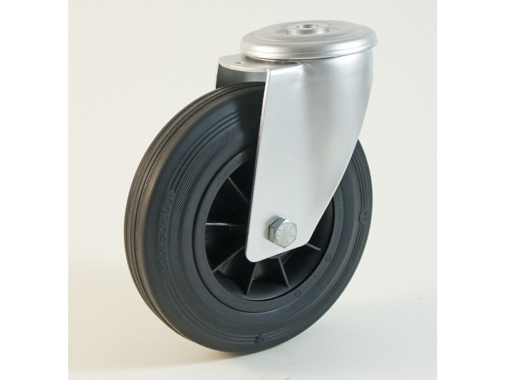 Roulette à trou trou cantral, roue à bandage caoutchouc noir corps polypropylène CU 50 à 205 Kg