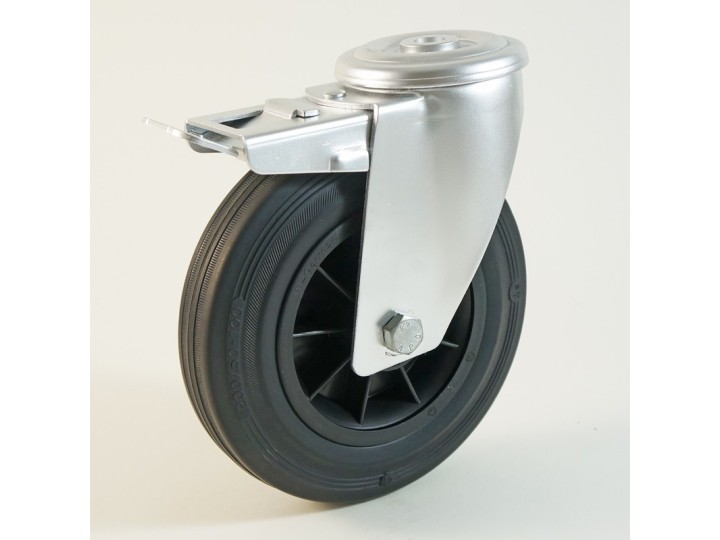 Roulette à trou trou cantral, roue à bandage caoutchouc noir corps polypropylène CU 50 à 205 Kg