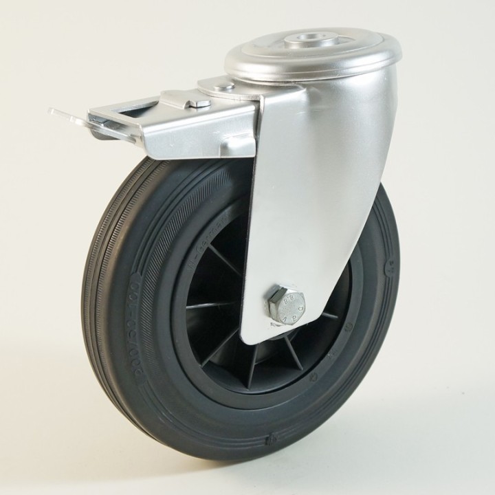 Roulette à trou trou cantral, roue à bandage caoutchouc noir corps polypropylène CU 50 à 205 Kg