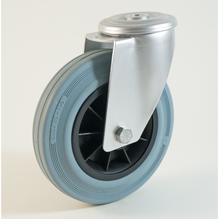 Roulette à trou central, roue à bandage caoutchouc non marquant corps polypropylène CU 50 à 205 Kg