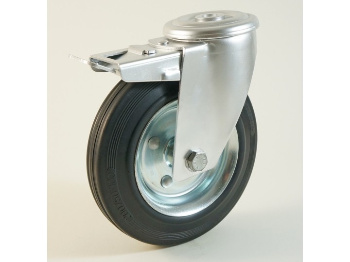 Roulette à trou central, roue à bandage caoutchouc noir corps tôle CU 50 à 205 Kg