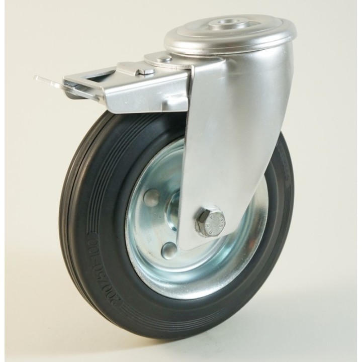 Roulette à trou central, roue à bandage caoutchouc noir corps tôle CU 50 à 205 Kg