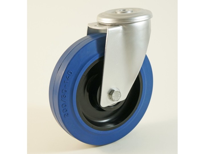 Roulette à trou central, roue à bandage caoutchouc bleu coprs polyamide CU 100 à 300 Kg