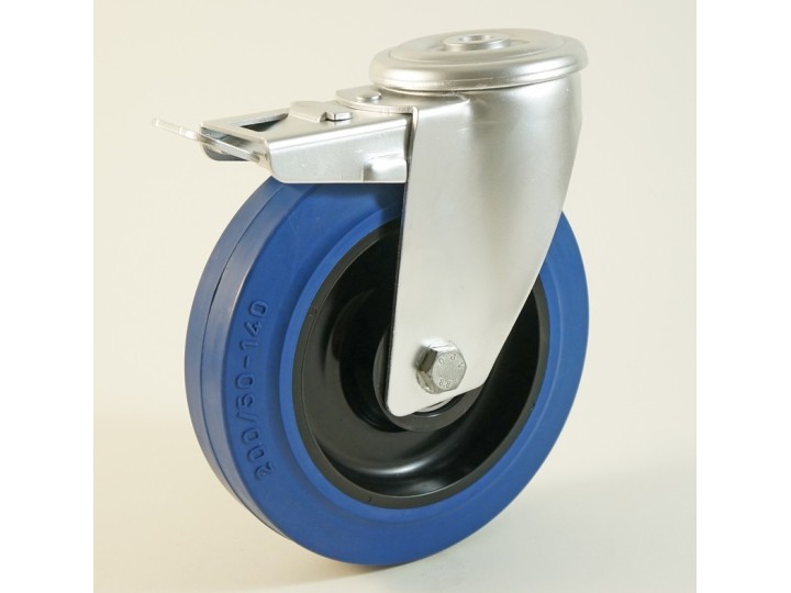 Roulette à trou central, roue à bandage caoutchouc bleu coprs polyamide CU 100 à 300 Kg