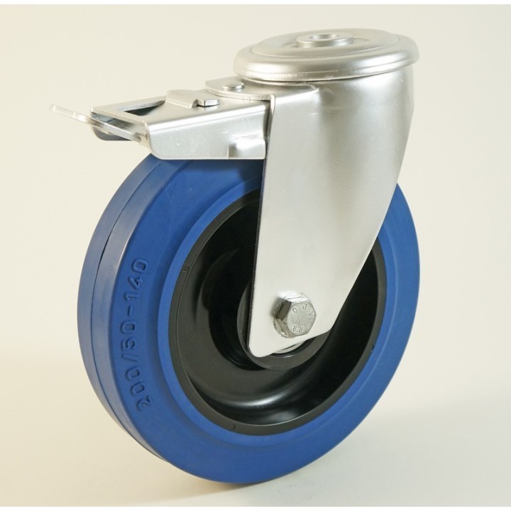 Roulette à trou central, roue à bandage caoutchouc bleu coprs polyamide CU 100 à 300 Kg