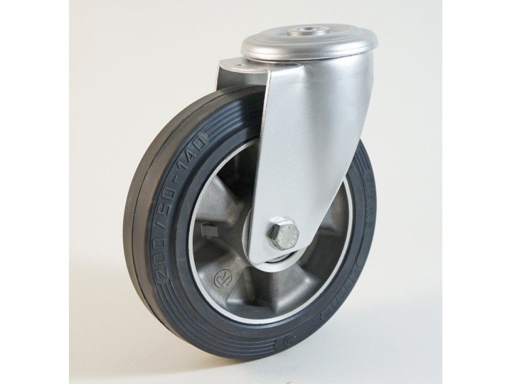 Roulette à trou central, roue à bandage caoutchouc noir corps aluminium CU 120 à 300 Kg