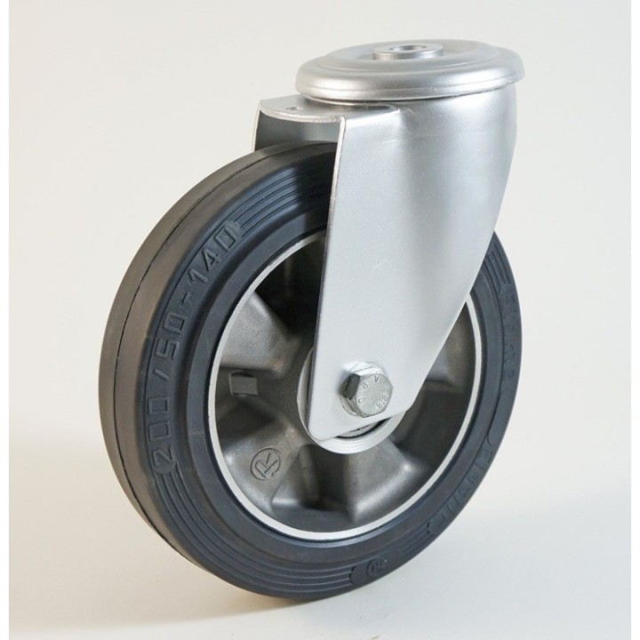 Roulette à trou central, roue à bandage caoutchouc noir corps aluminium CU 120 à 300 Kg