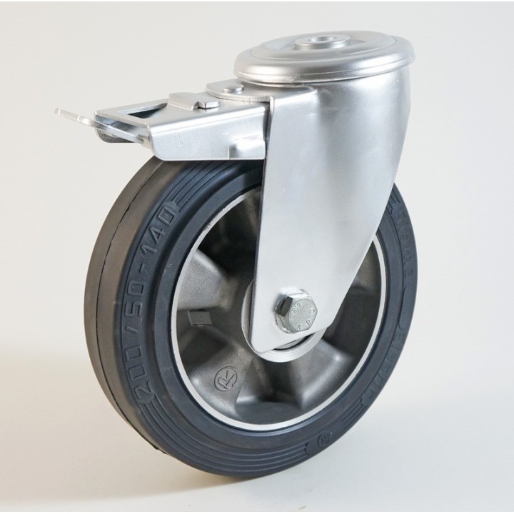 Roulette à trou central, roue à bandage caoutchouc noir corps aluminium CU 120 à 300 Kg