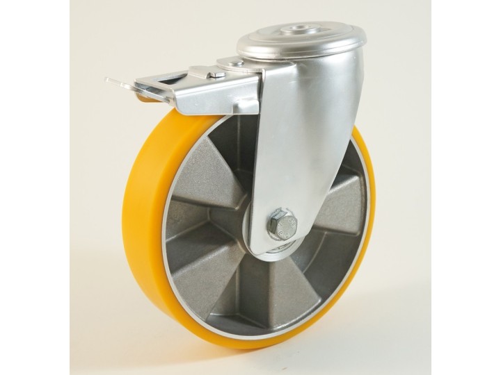 Roulette à trou central, roue à bandage polyuréthane corps aluminium CU 120 à 300 Kg