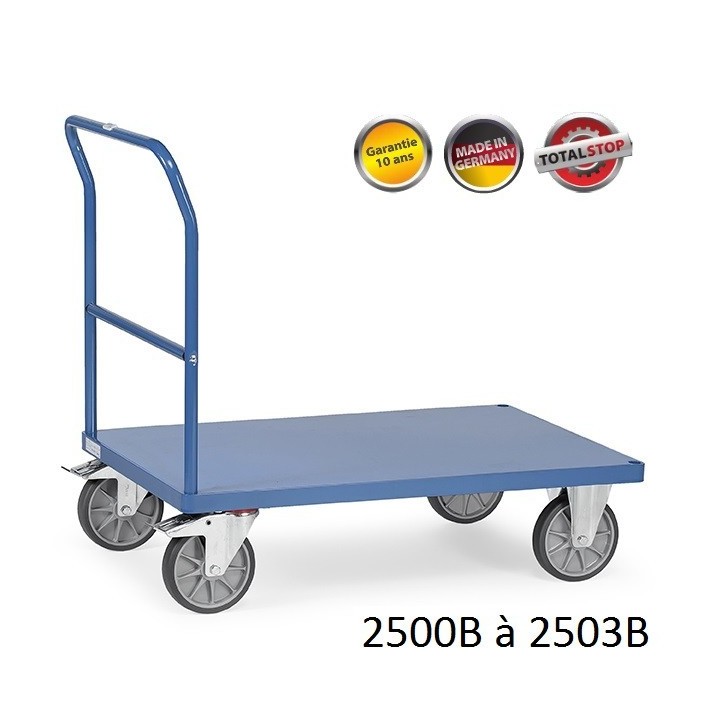 Chariots de manutention à dossier, plateaux en tôle