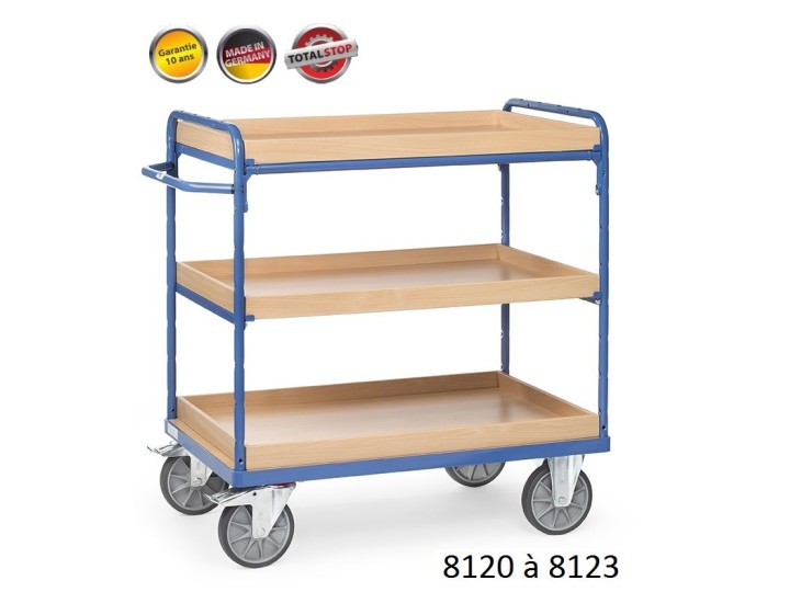 Chariots de manutention à étagères et rebords