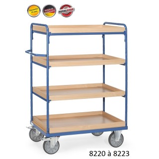 Chariots de manutention à étagères et rebords