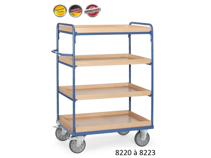 Chariots de manutention à étagères et rebords