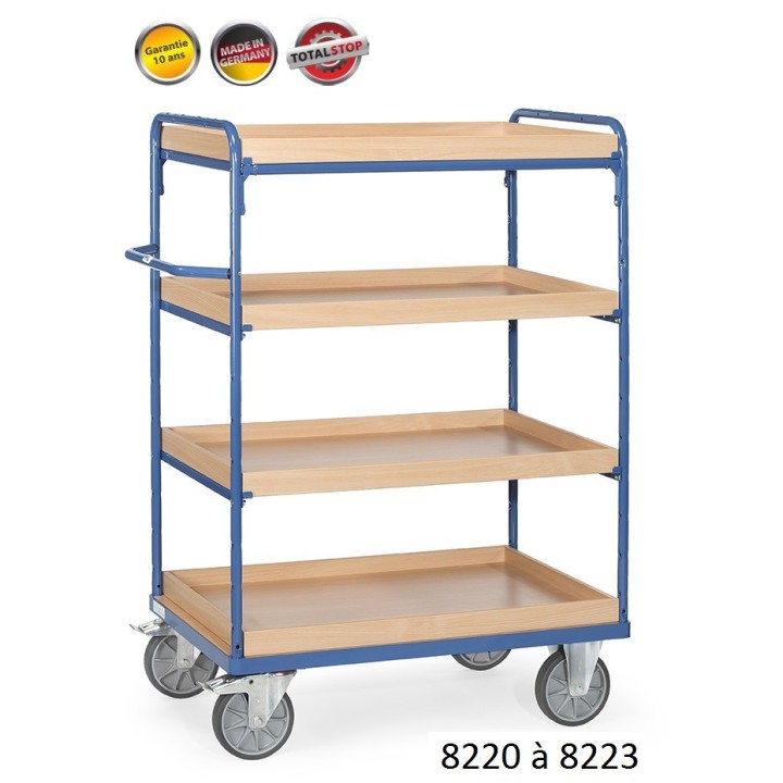 Chariots de manutention à étagères et rebords