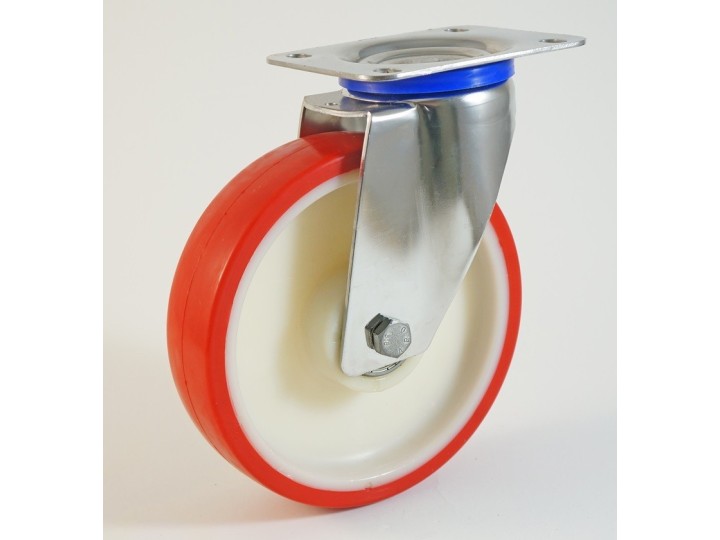 Roulette inox à platine, roue polyuréthane corps nylon, charges 150 à 300 Kg, (série N/INOX20)