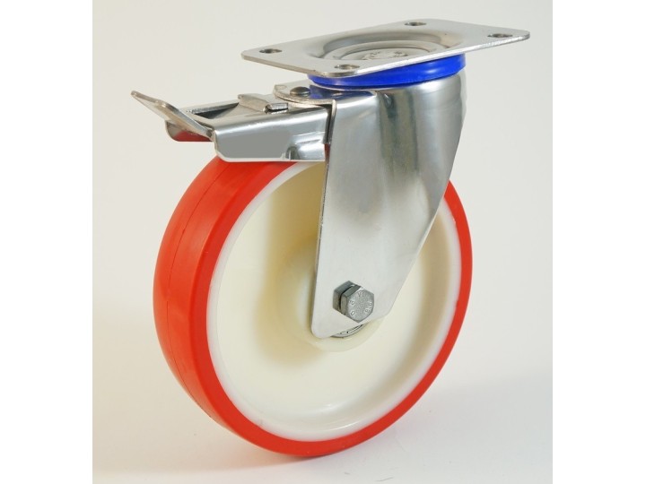 Roulette inox à platine, roue polyuréthane corps nylon, charges 150 à 300 Kg, (série N/INOX20)