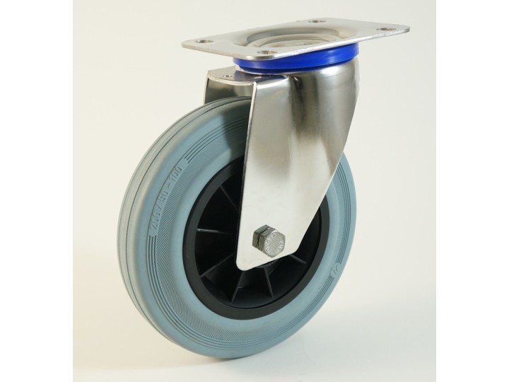 Roulette inox à platine, roue caoutchouc non marquant, charges 50 à 205 Kg (série DG/INOX20)