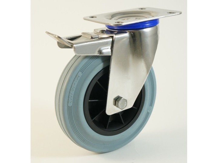 Roulette inox à platine, roue caoutchouc non marquant, charges 50 à 205 Kg (série DG/INOX20)