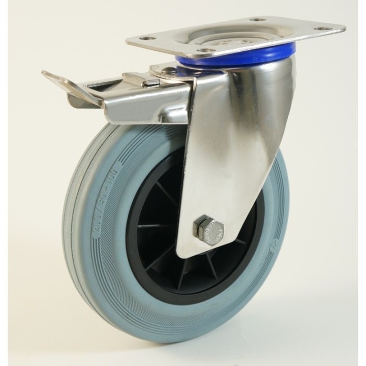 Roulette inox à platine, roue caoutchouc non marquant, charges 50 à 205 Kg (série DG/INOX20)