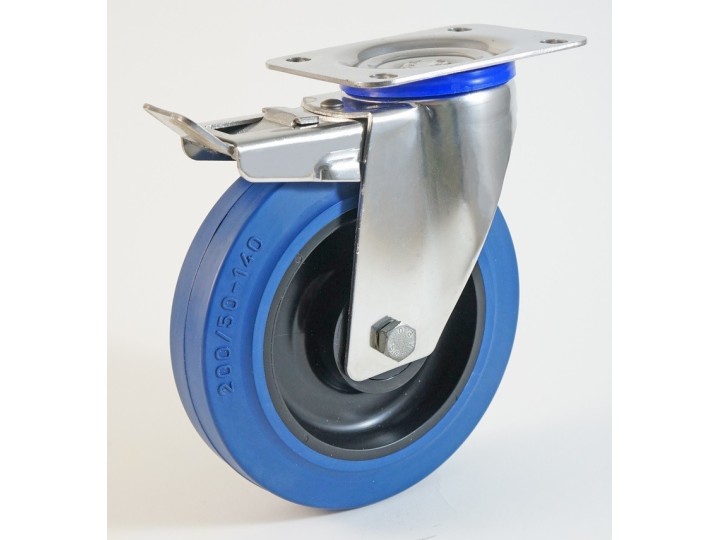Roulette inox à platine, roue caoutchouc bleu, charges 150 à 350 Kg (série LB/INOX20)