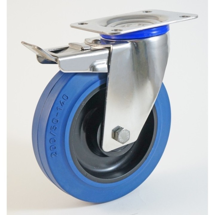 Roulette inox à platine, roue caoutchouc bleu, charges 150 à 350 Kg (série LB/INOX20)