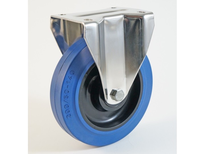 Roulette inox à platine, roue caoutchouc bleu, charges 150 à 350 Kg (série LB/INOX20)