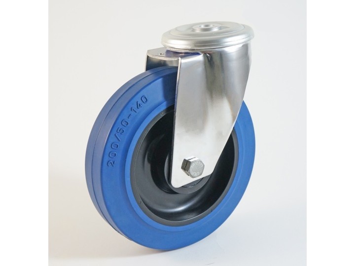 Roulette inox à trou central, roue caoutchouc bleu, charges 150 à 350 Kg (série LB/INOX20)