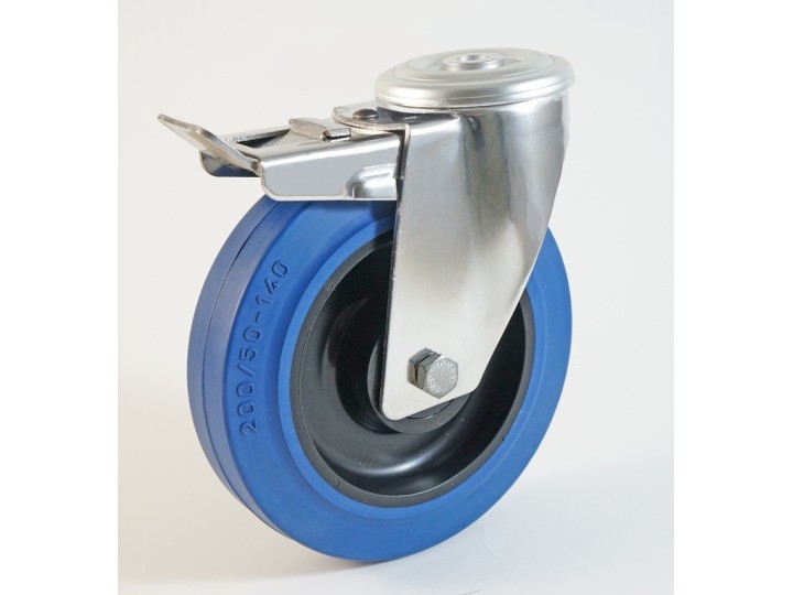 Roulette inox à trou central, roue caoutchouc bleu, charges 150 à 350 Kg (série LB/INOX20)