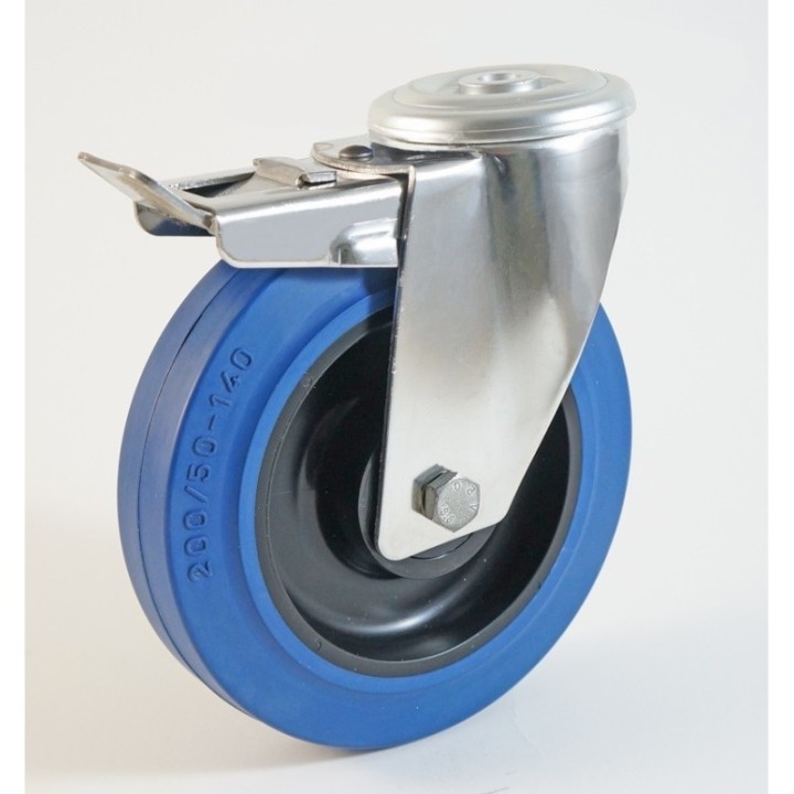 Roulette inox à trou central, roue caoutchouc bleu, charges 150 à 350 Kg (série LB/INOX20)