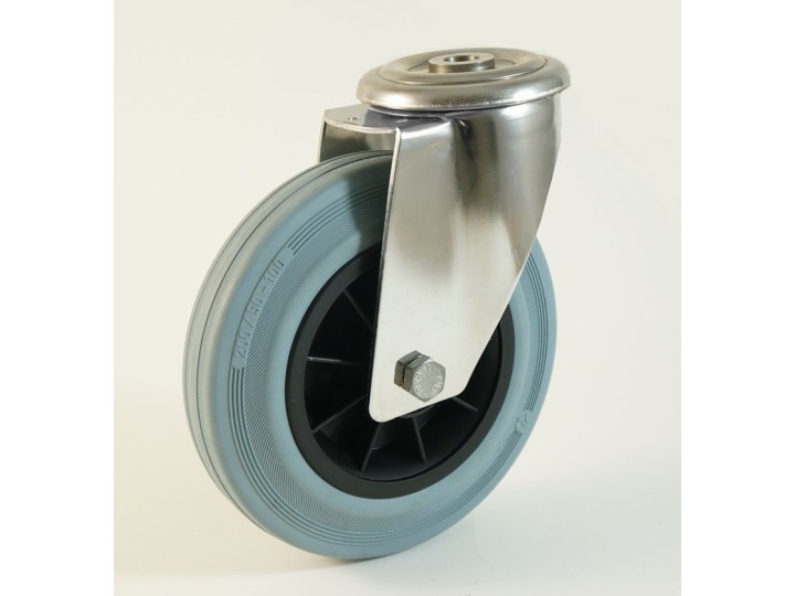 Roulette inox à trou central, roue caoutchouc non marquant, charges 55 à 205 Kg (série DG/INOX20)