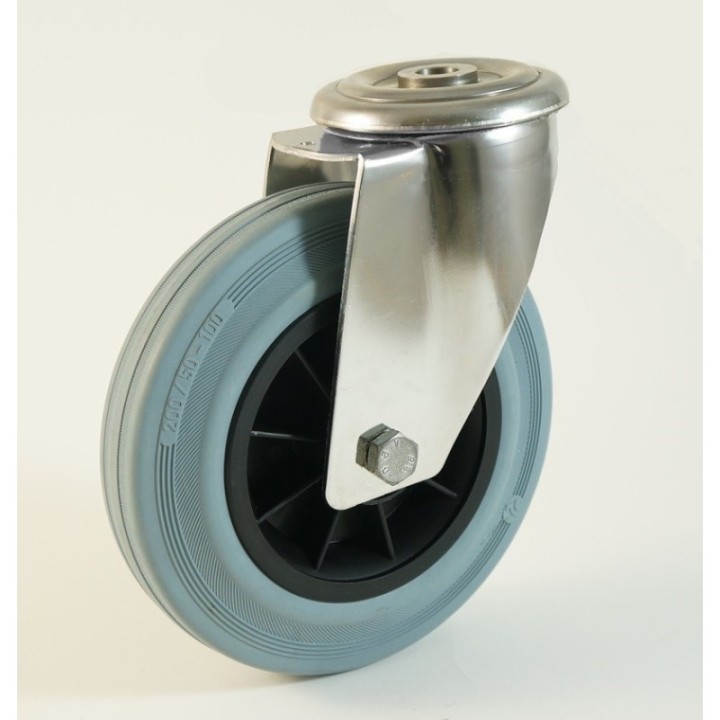 Roulette inox à trou central, roue caoutchouc non marquant, charges 55 à 205 Kg (série DG/INOX20)