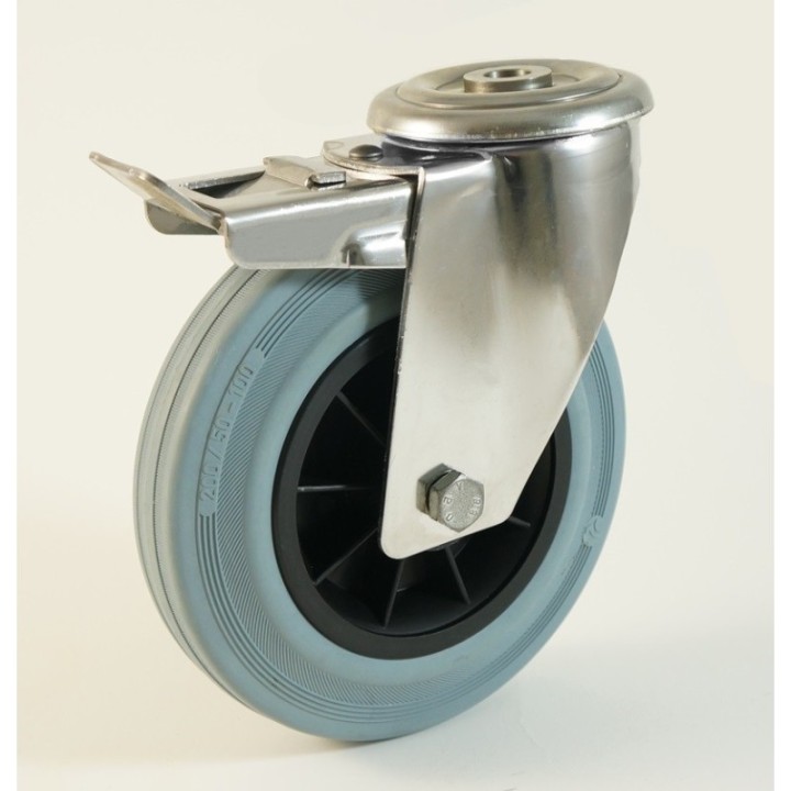 Roulette inox à trou central, roue caoutchouc non marquant, charges 55 à 205 Kg (série DG/INOX20)