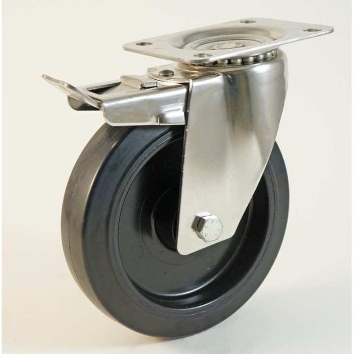 Roulette inox à platine, bandage caoutchouc - 20 à + 250 °C (série FN/INOX20)