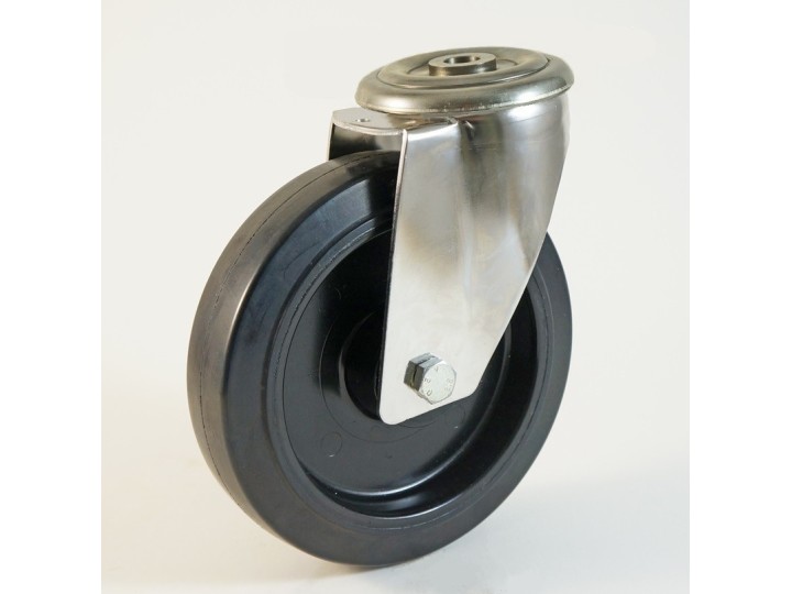 Roulette inox à trou central, bandage caoutchouc - 20° à + 250° C (série FN/INOX20)