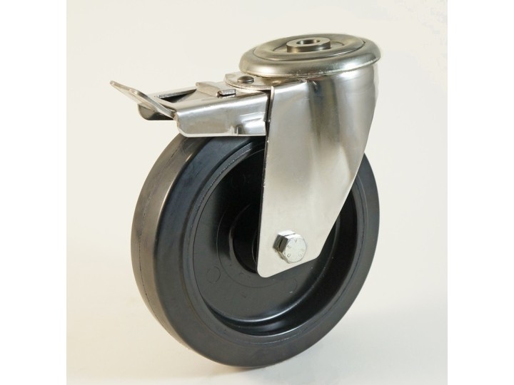 Roulette inox à trou central, bandage caoutchouc - 20° à + 250° C (série FN/INOX20)