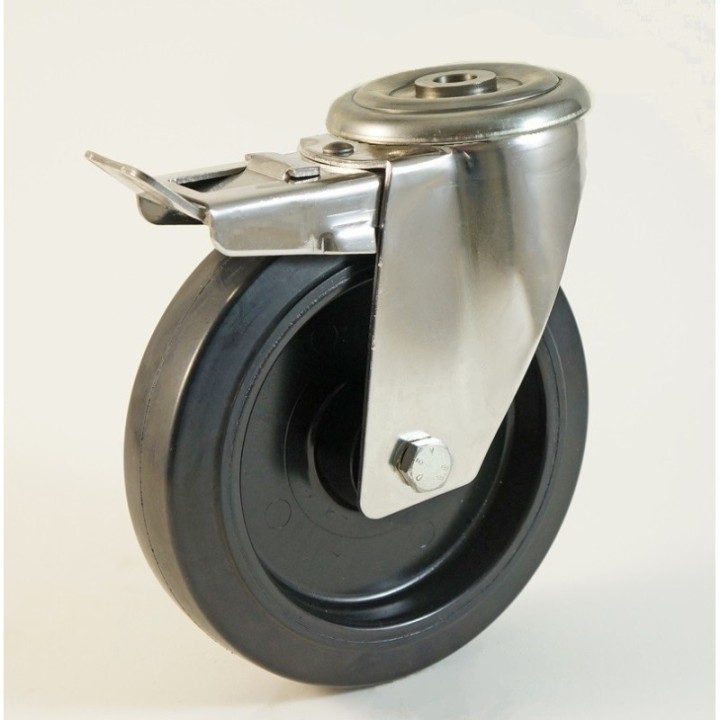 Roulette inox à trou central, bandage caoutchouc - 20° à + 250° C (série FN/INOX20)