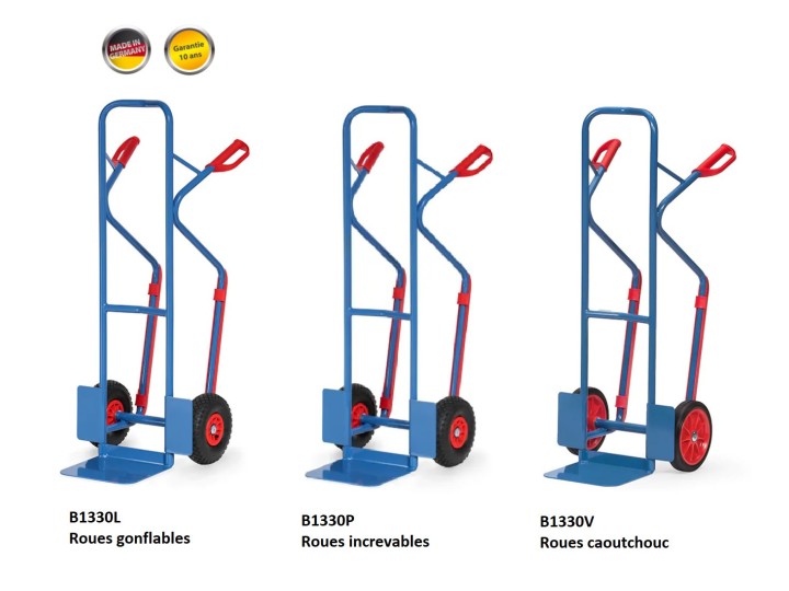 Diable haut (1300mm) en tube acier FETRA + patins amovibles charges 300 Kg