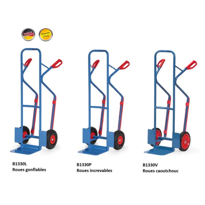 Diable haut (1300mm) en tube acier FETRA + patins amovibles charges 300 Kg