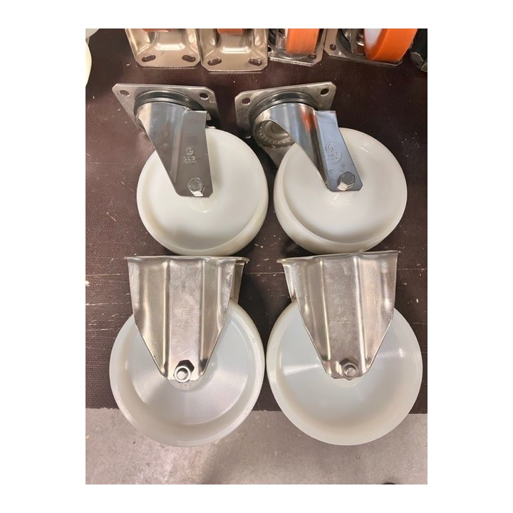Lot de 2 + 2 roulettes inox Ø 175 mm roue en polyamide 6 blanc