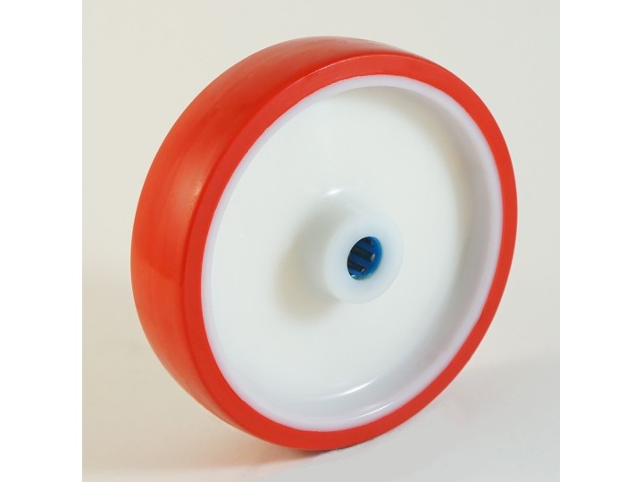 Roues à bandage polyuréthane injecté, sur corps de roues en nylon, moyeu de roue à rouleaux inox, série N, charges 120 à 600 Kg