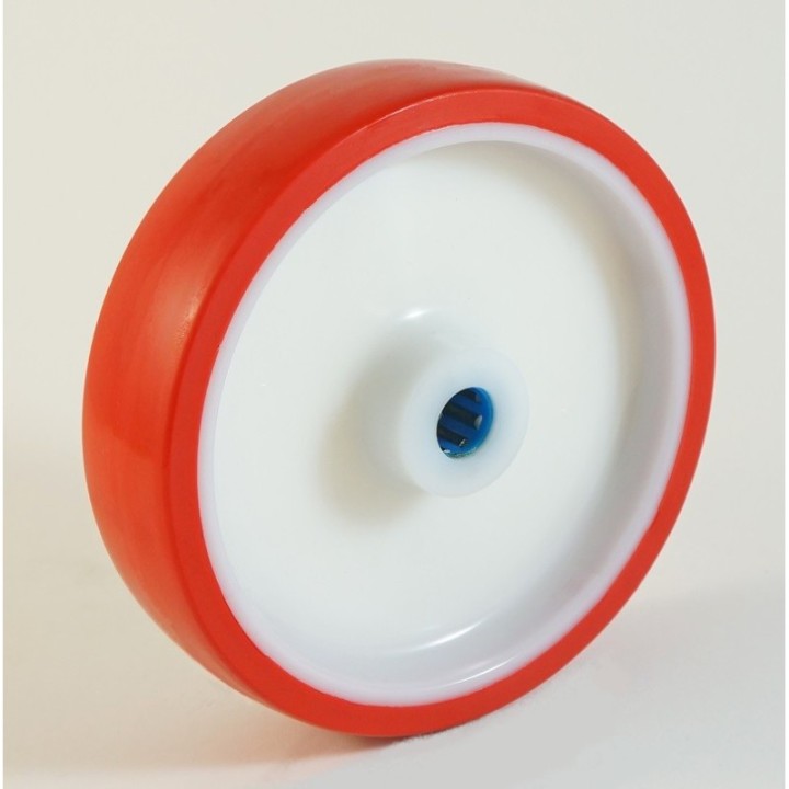 Roues à bandage polyuréthane injecté, sur corps de roues en nylon, moyeu de roue à rouleaux inox, série N, charges 120 à 600 Kg