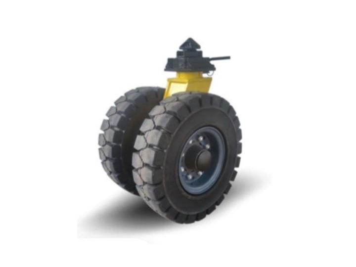 Kit de 4 roulettes jumelées sur pneus pleins souple, pour container iso avec connexion twist lock + timon de traction