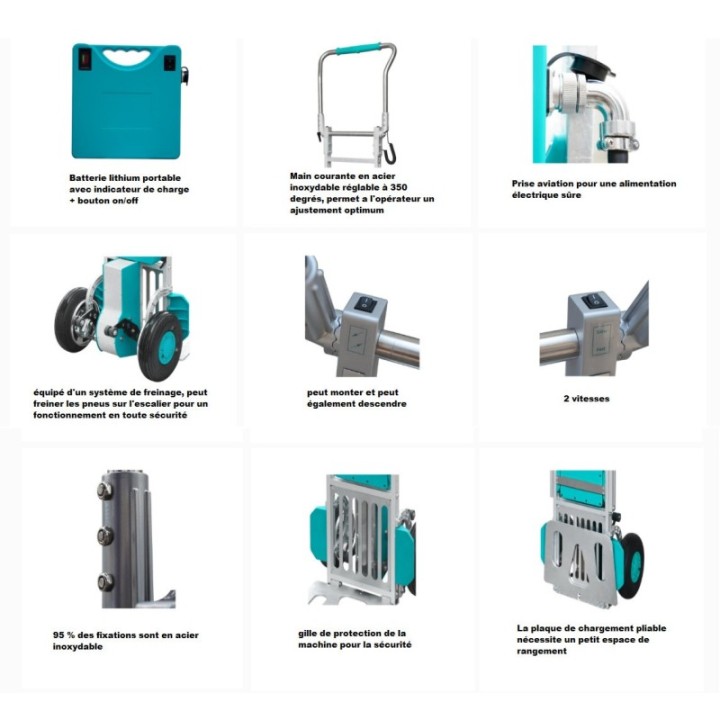 Diable monte-escalier motorisé avec frein, capacité de charge 170 Kg