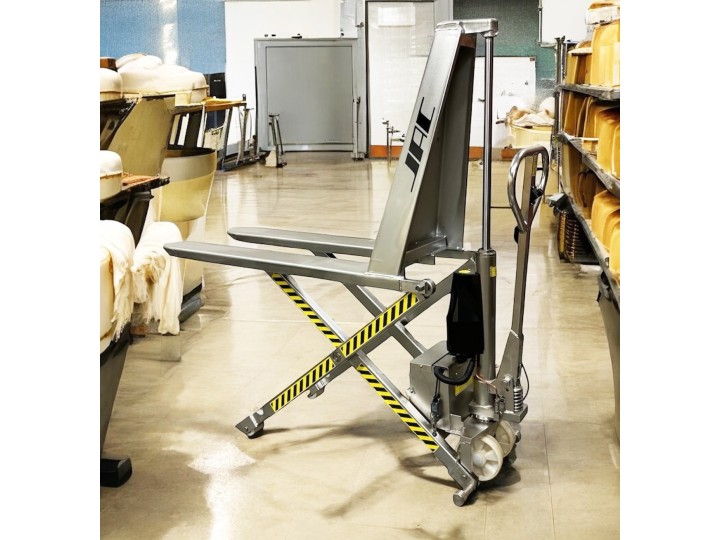 Transpalette haute levée semi électrique inox, charges 1000 Kg, fourches standard, série TH.