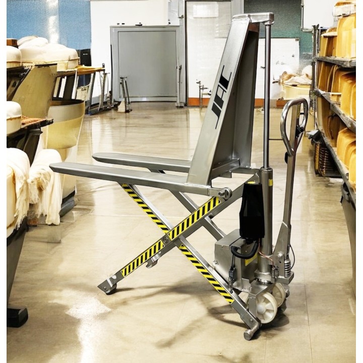 Transpalette haute levée semi électrique inox, charges 1000 Kg, fourches standard, série TH.