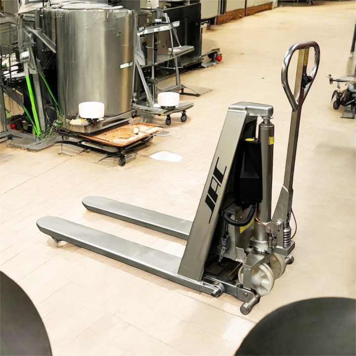 Transpalette haute levée semi électrique inox, charges 1000 Kg, fourches standard, série TH.