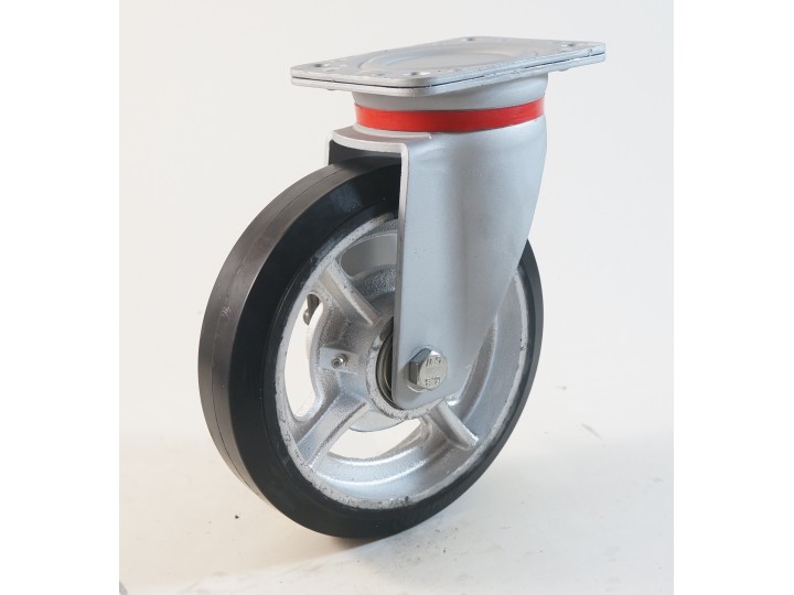 Roulette à platine renforcé, Roue à bandage caoutchouc élastique noir, jante fonte, (série EF/60)