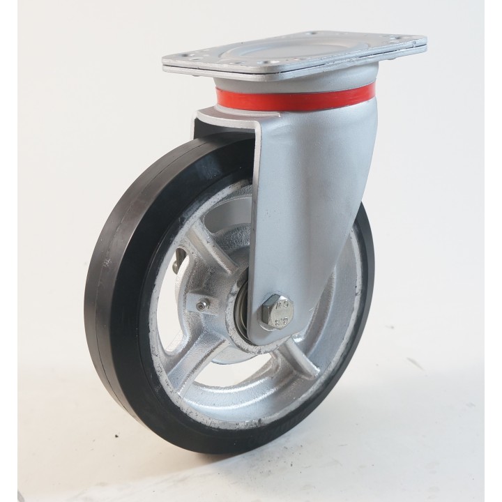 Roulette à platine renforcé, Roue à bandage caoutchouc élastique noir, jante fonte, (série EF/60)