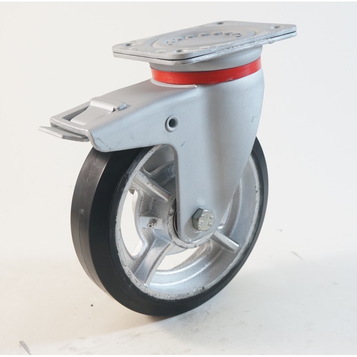 Roulette à platine renforcé, Roue à bandage caoutchouc élastique noir, jante fonte, (série EF/60)