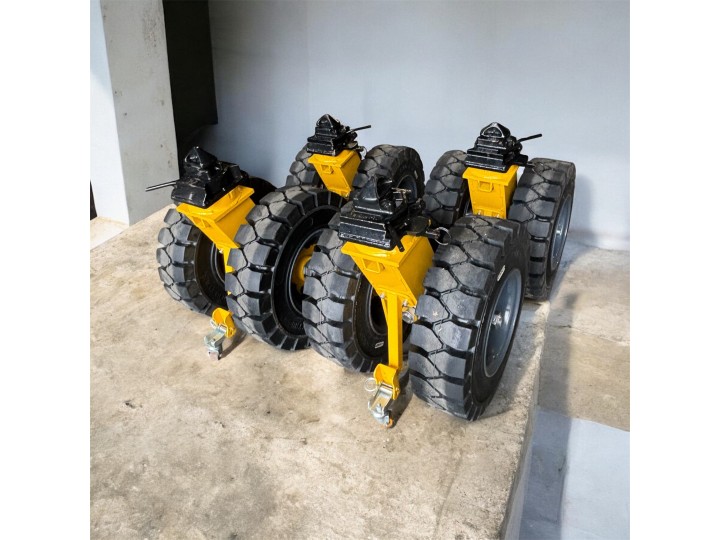 Kit de 4 roulettes jumelées sur pneus pleins souple, pour container iso avec connexion twist lock + timon de traction
